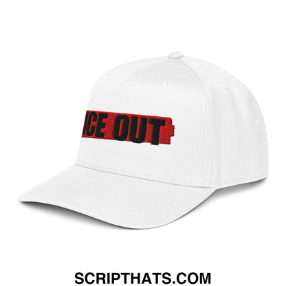 White baseball snapback hat with ice out embroidered in bold black on a red textured front stripe