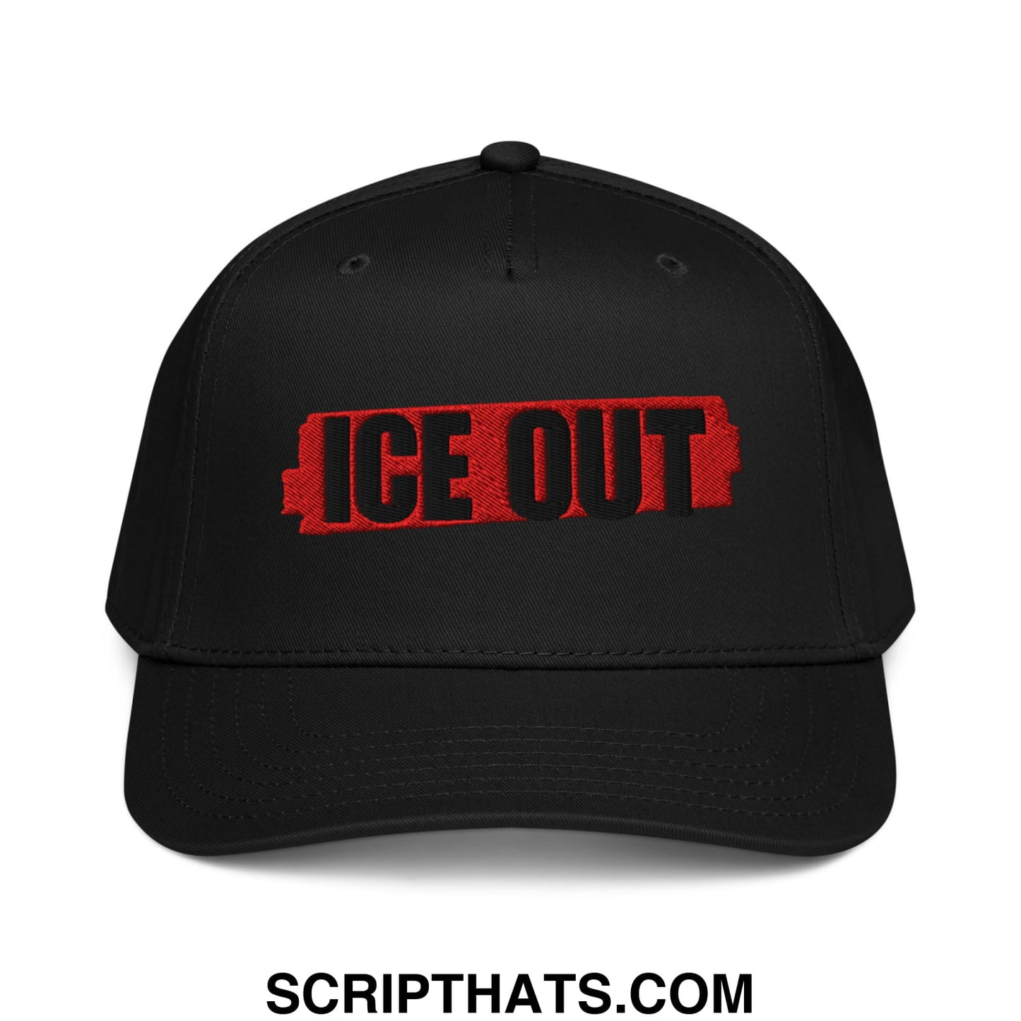 Black baseball snapback hat with bold red and black embroidered ice out battery logo for casual wear