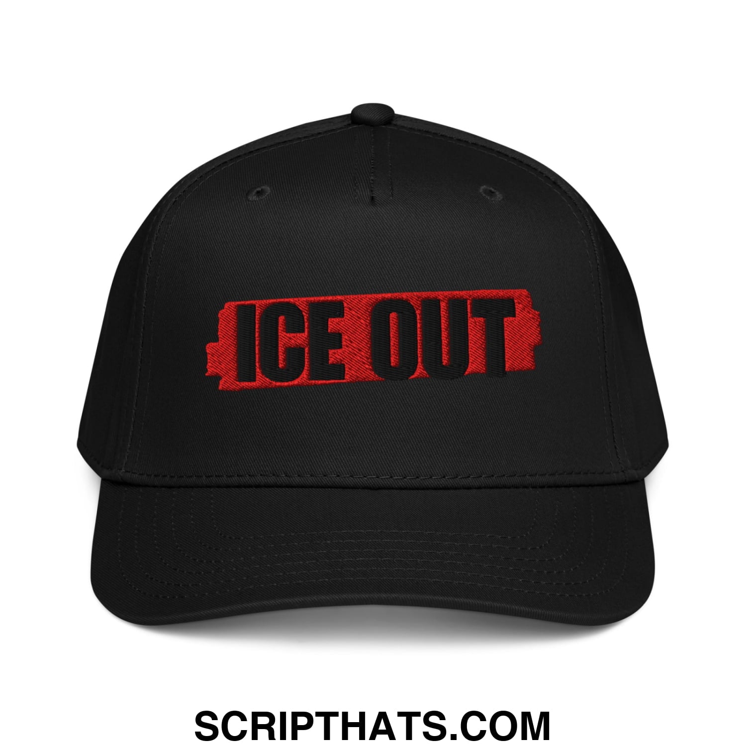 Black baseball snapback hat with bold red and black embroidered ice out battery logo for casual wear