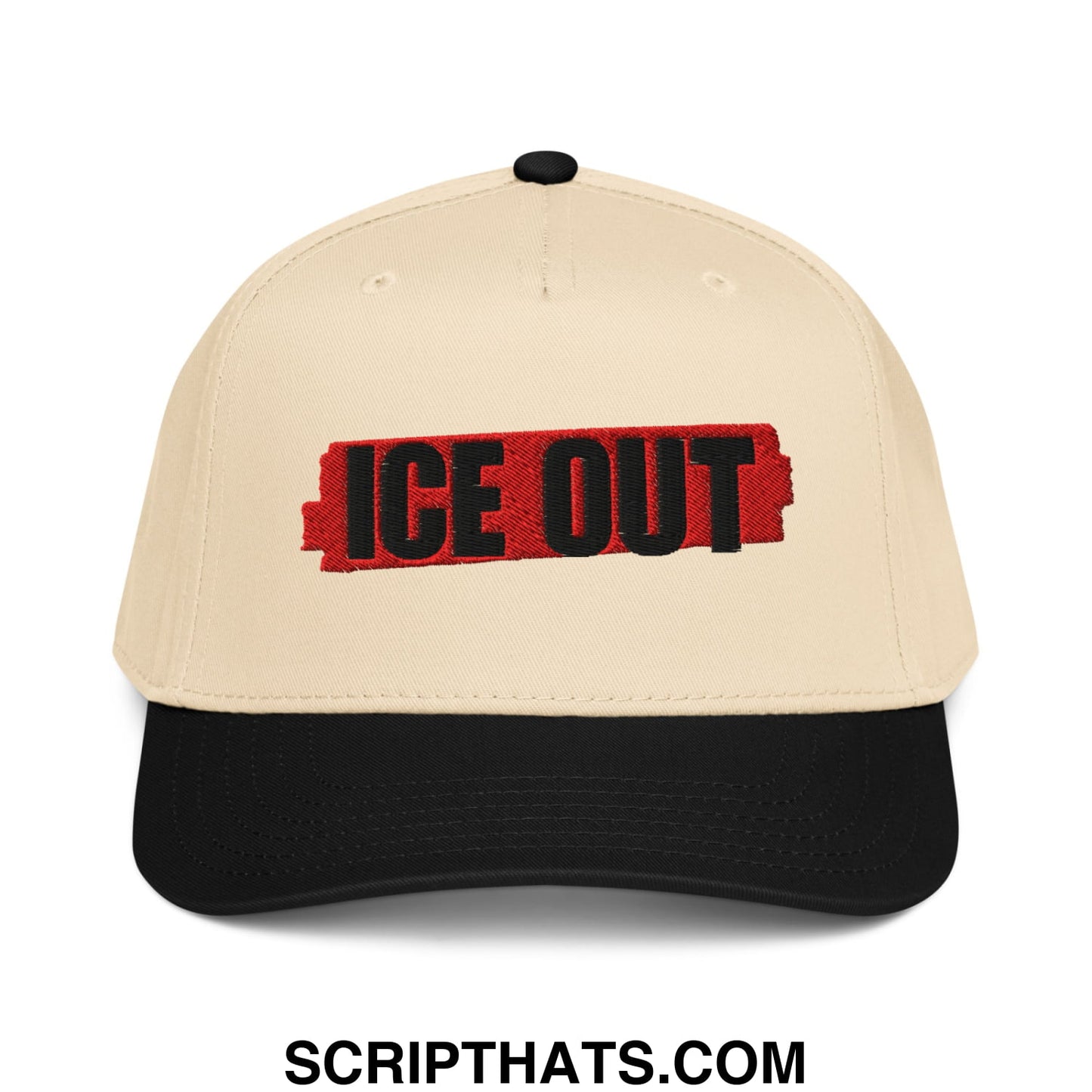 Beige and black ice out embroidered baseball snapback hat with bold red and black lettering for casual wear
