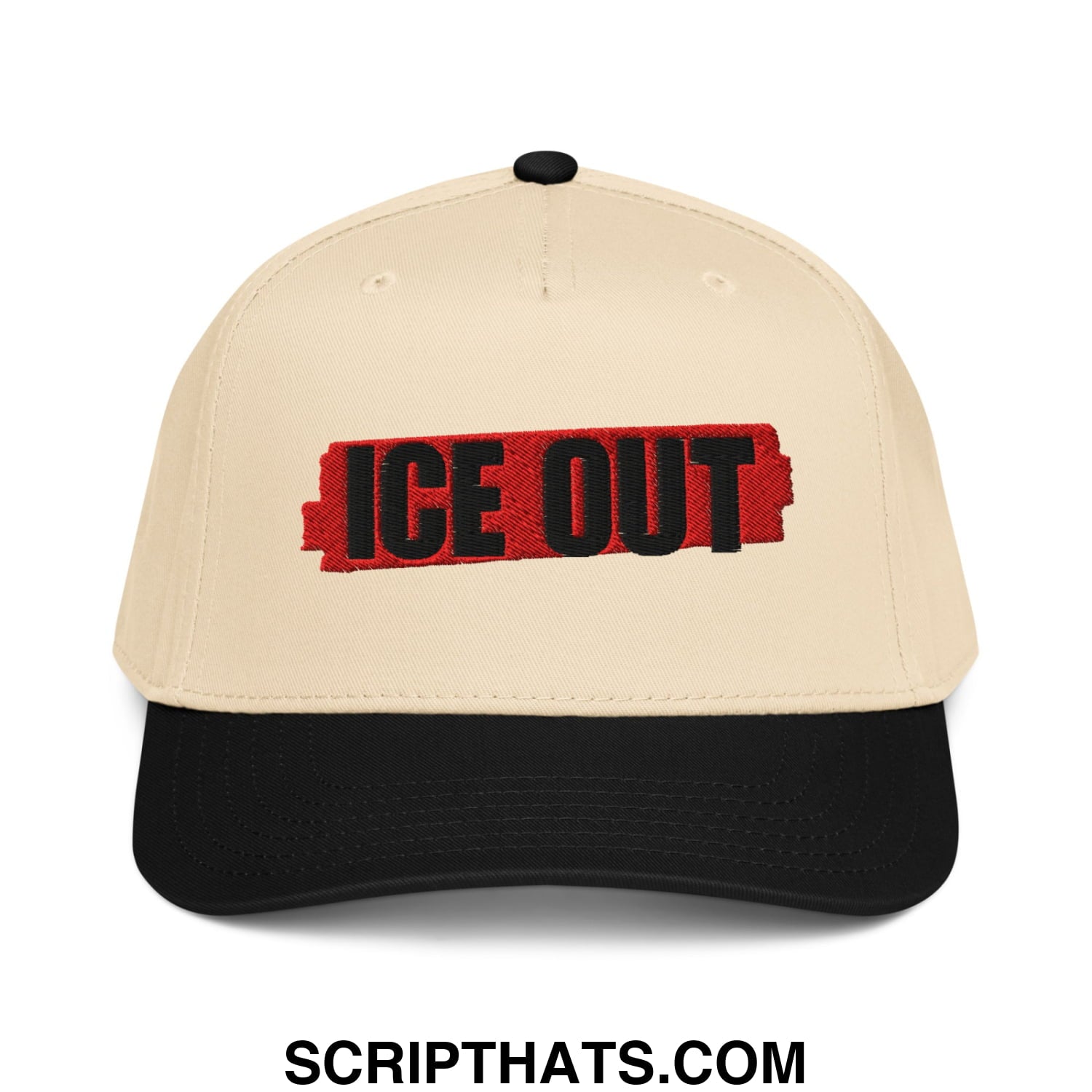 Beige and black ice out embroidered baseball snapback hat with bold red and black lettering for casual wear
