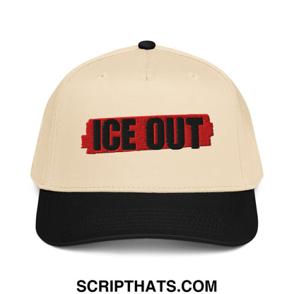 Beige and black ice out embroidered baseball snapback hat with bold red and black lettering for casual wear