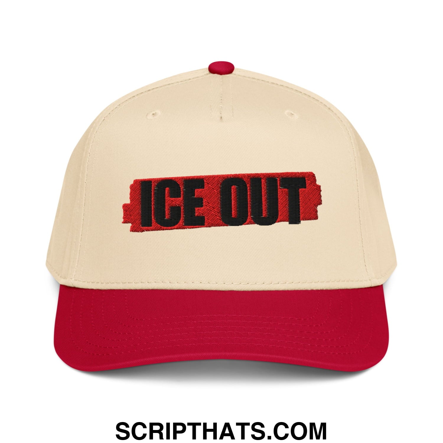 Beige and red ice out embroidered baseball snapback hat on textured red background