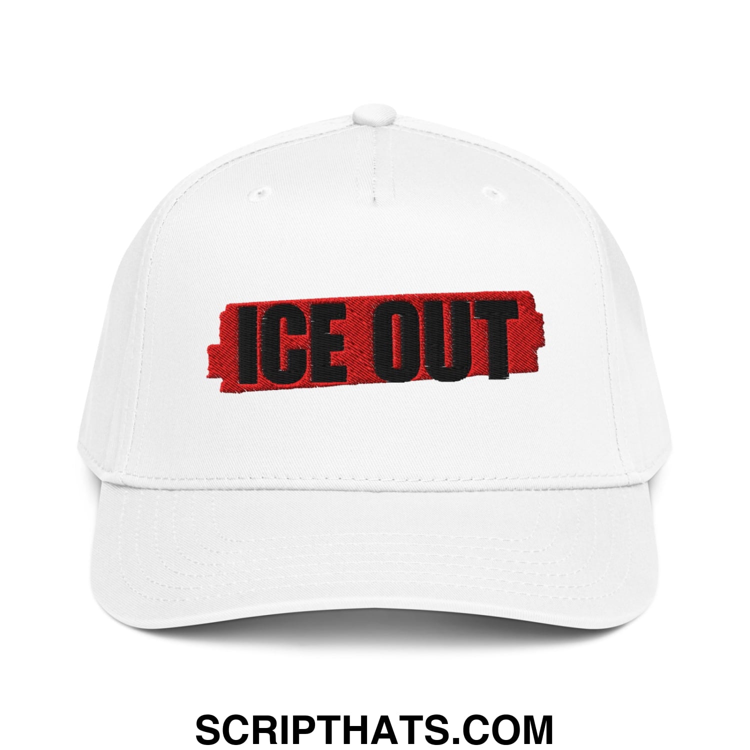 White baseball snapback hat with bold black ice out embroidery on red textured background