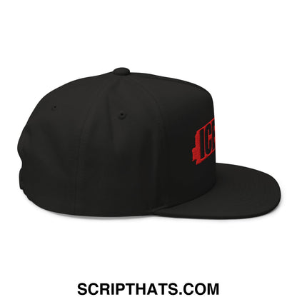 Black snapback hat with red embroidered lettering on the side ice out embroidered flat bill brim 5 panel design