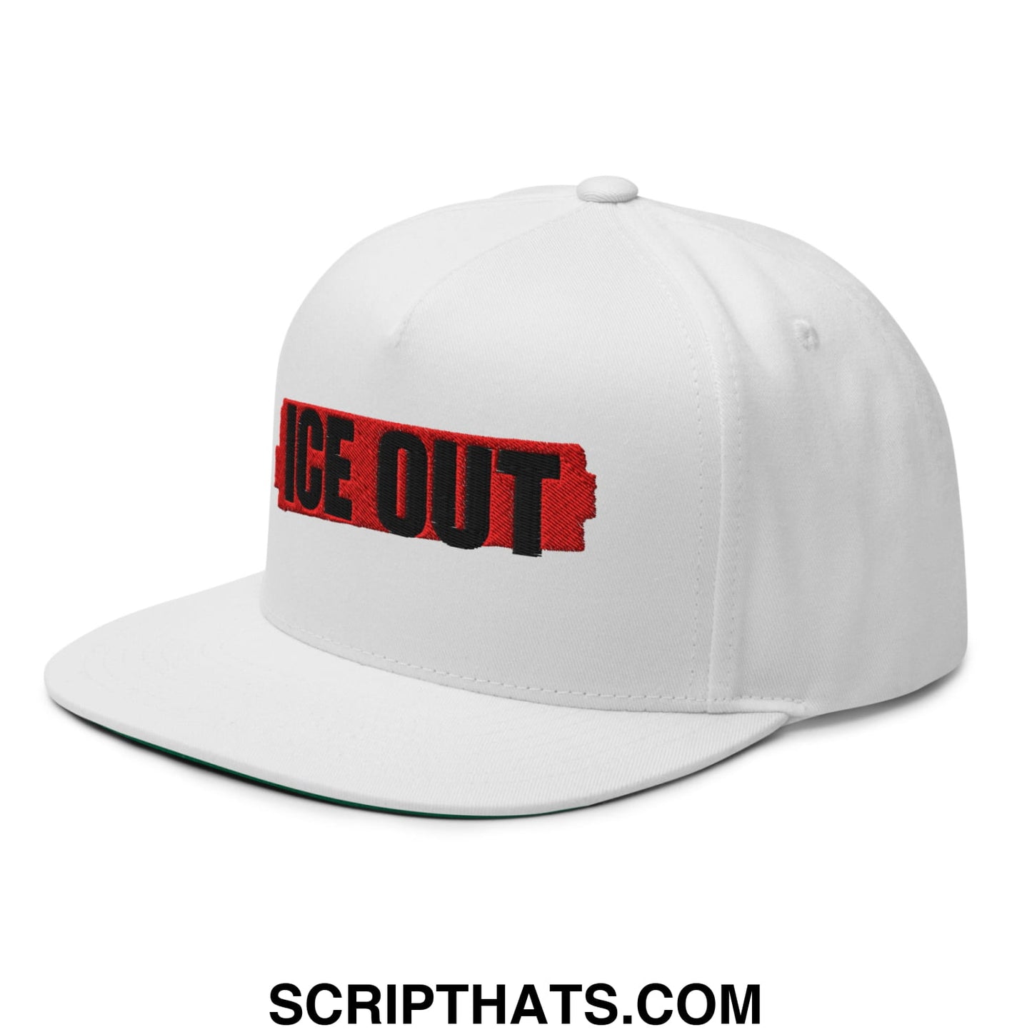 White 5 panel snapback hat with a flat bill brim and bold red and black ice out embroidery on the front