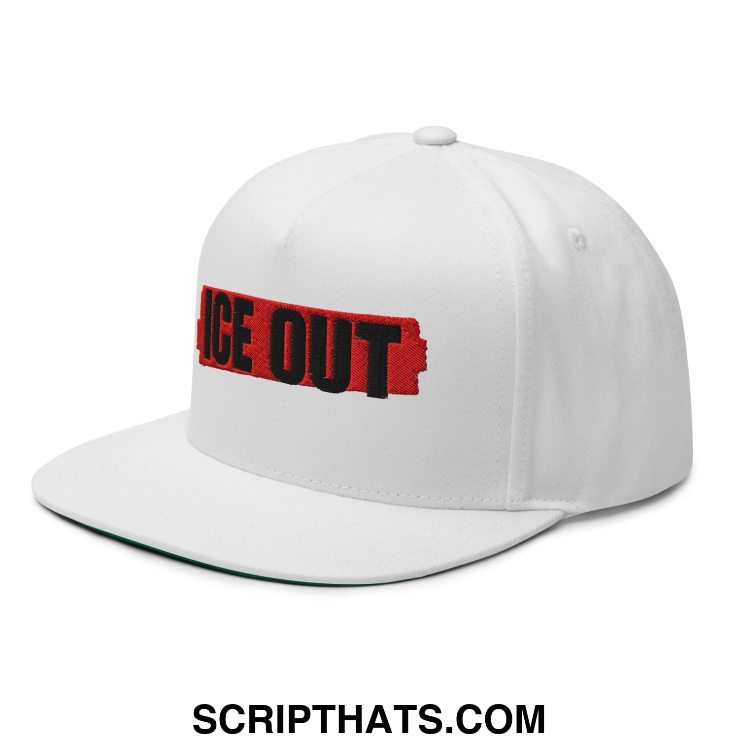 White 5 panel snapback hat with a flat bill brim and bold red and black ice out embroidery on the front