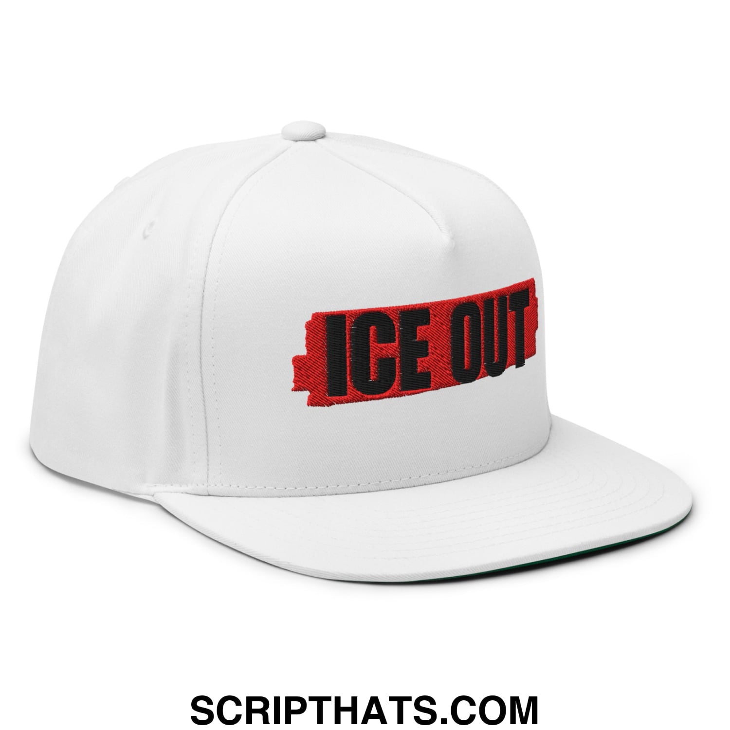 White snapback cap with bold red and black ice out embroidery on front flat bill brim 5 panel hat