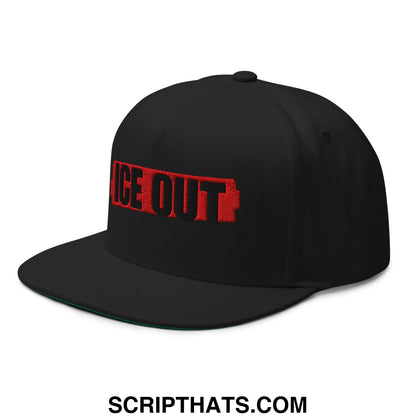 Black snapback cap with bold red ice out embroidery in a stylized battery design flat bill brim 5 panel hat