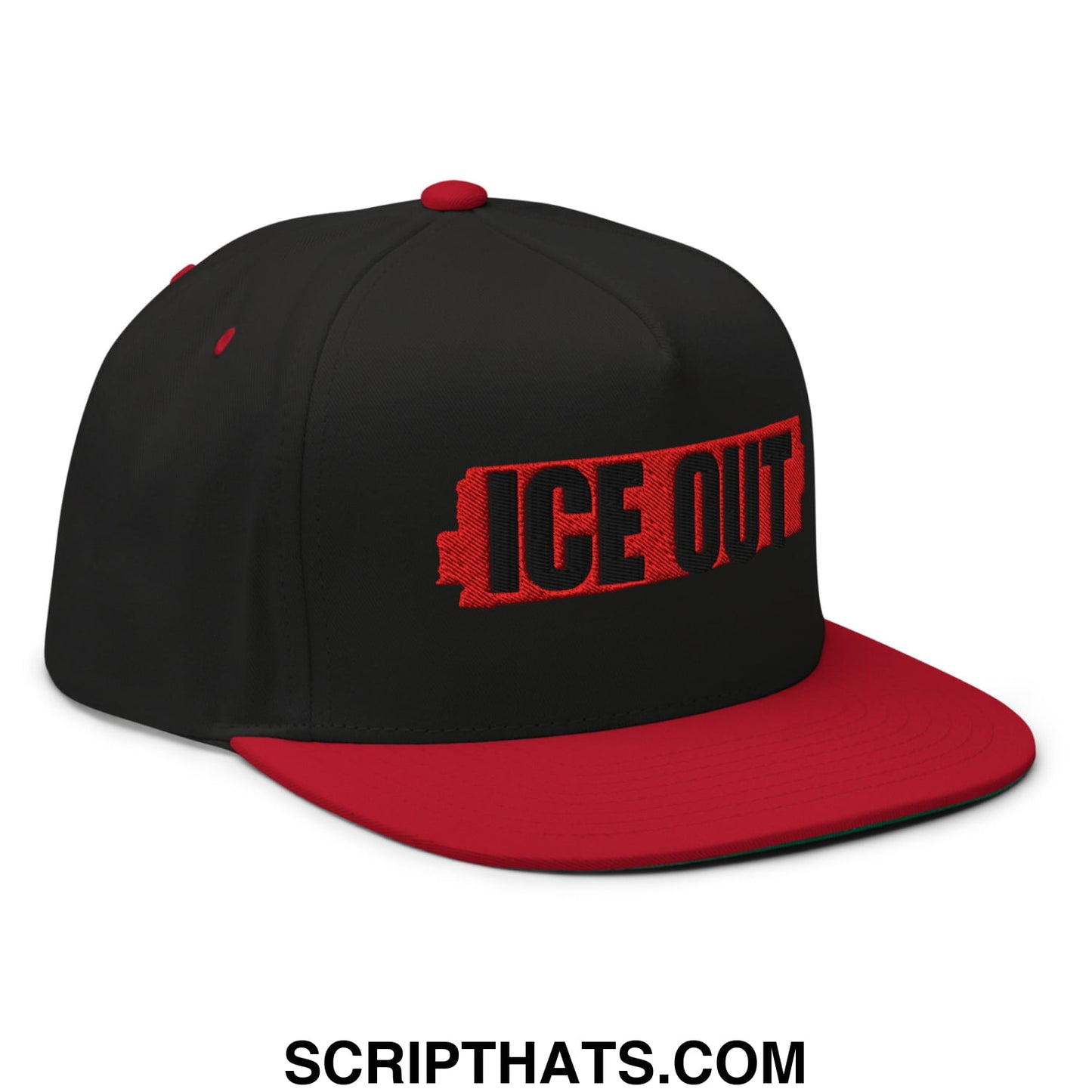 Black and red ice out embroidered flat bill brim 5 panel snapback hat with bold lettering on front