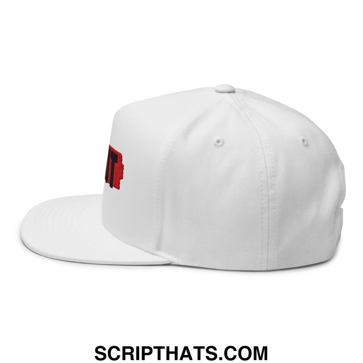 White ice out embroidered flat bill brim 5 panel snapback hat with red and black logo on the side