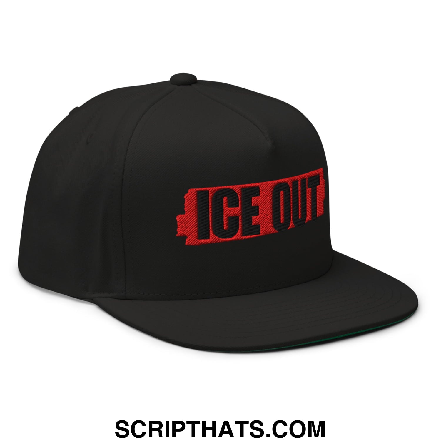 Black snapback cap with bold red and black embroidered ice out logo and flat bill brim 5 panel design