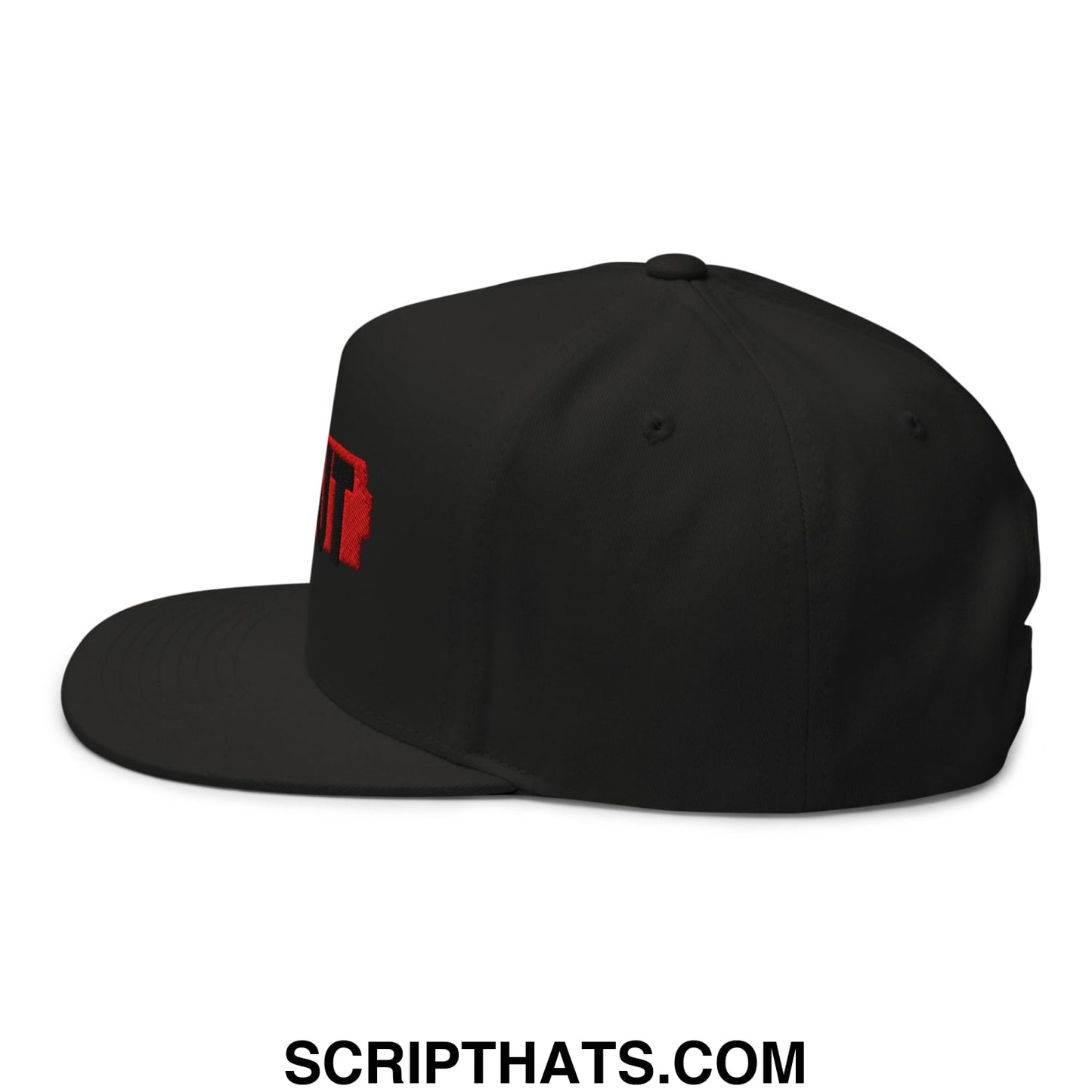 Black snapback cap with a red embroidered logo on the front featuring a flat bill brim and 5 panel design