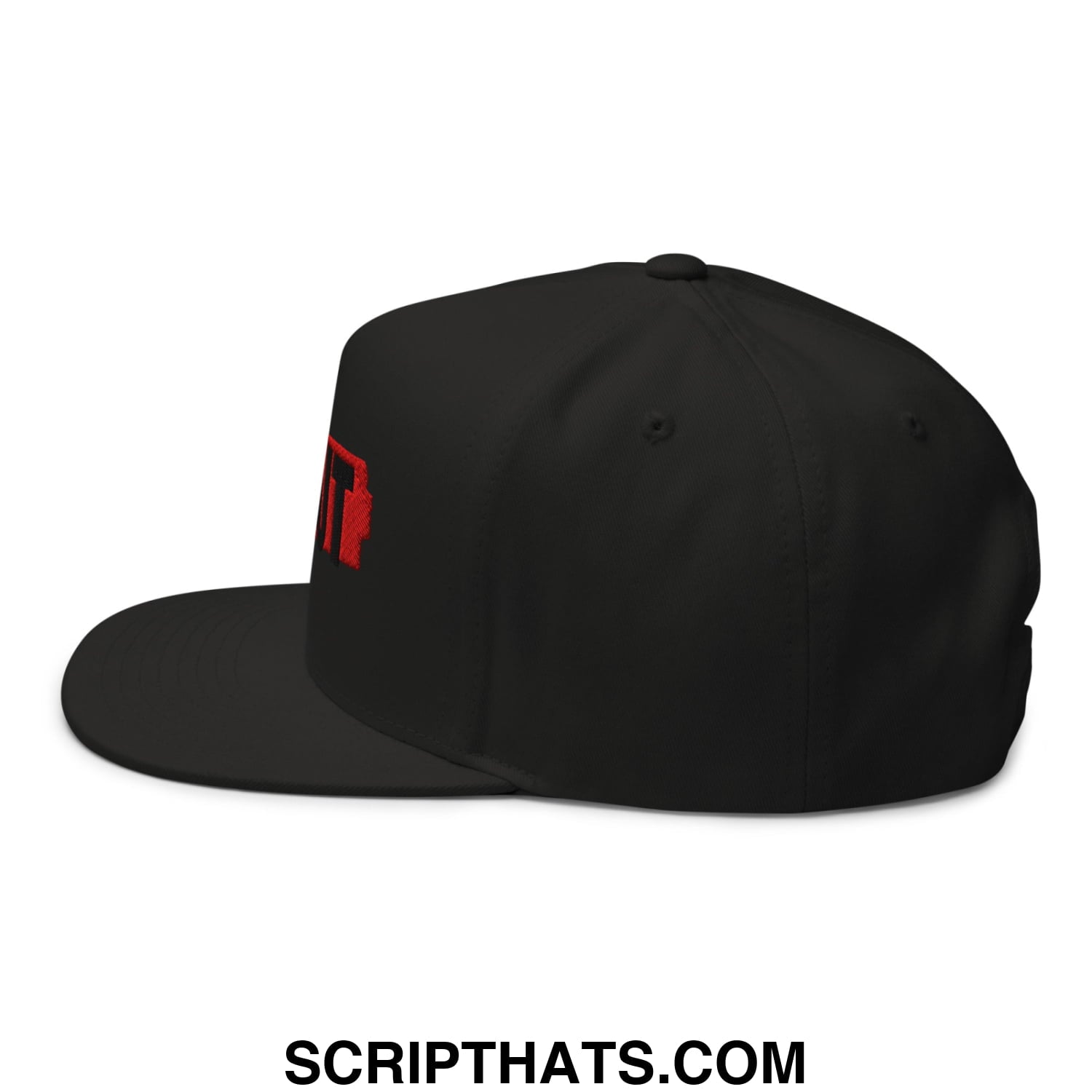 Black snapback cap with a red embroidered logo on the front featuring a flat bill brim and 5 panel design