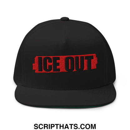 Black snapback cap with bold red embroidered ice out logo in battery-shaped design flat bill brim 5 panel hat