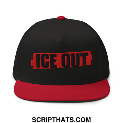 Black snapback cap with red flat bill brim and red embroidered ice out logo on front for casual wear