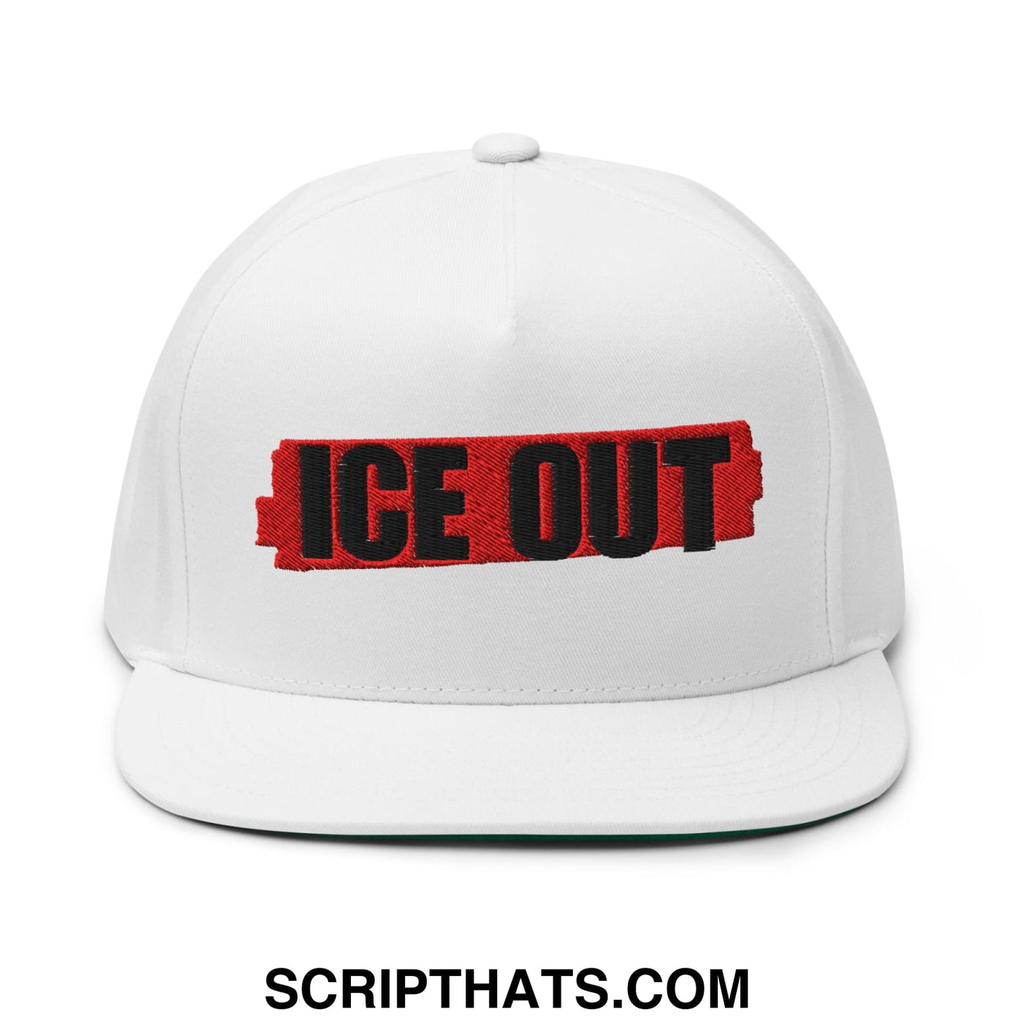 White snapback hat with flat bill and bold ice out embroidered in black on a red torn-edge banner