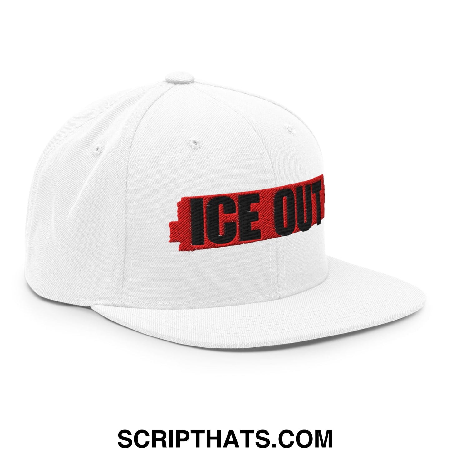 White snapback hat with bold red and black ice out embroidery and flat bill brim for stylish casual wear