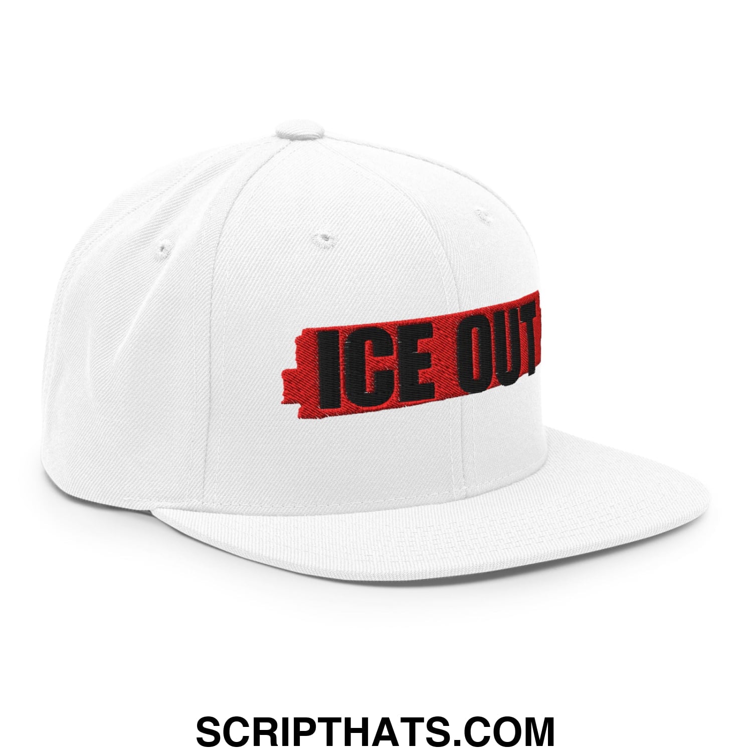 White snapback hat with bold red and black ice out embroidery and flat bill brim for stylish casual wear