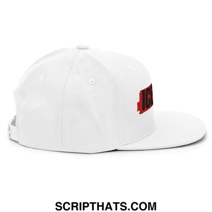 White snapback cap with red and black embroidered logo on the side from ice out embroidered flat bill brim snapback hat