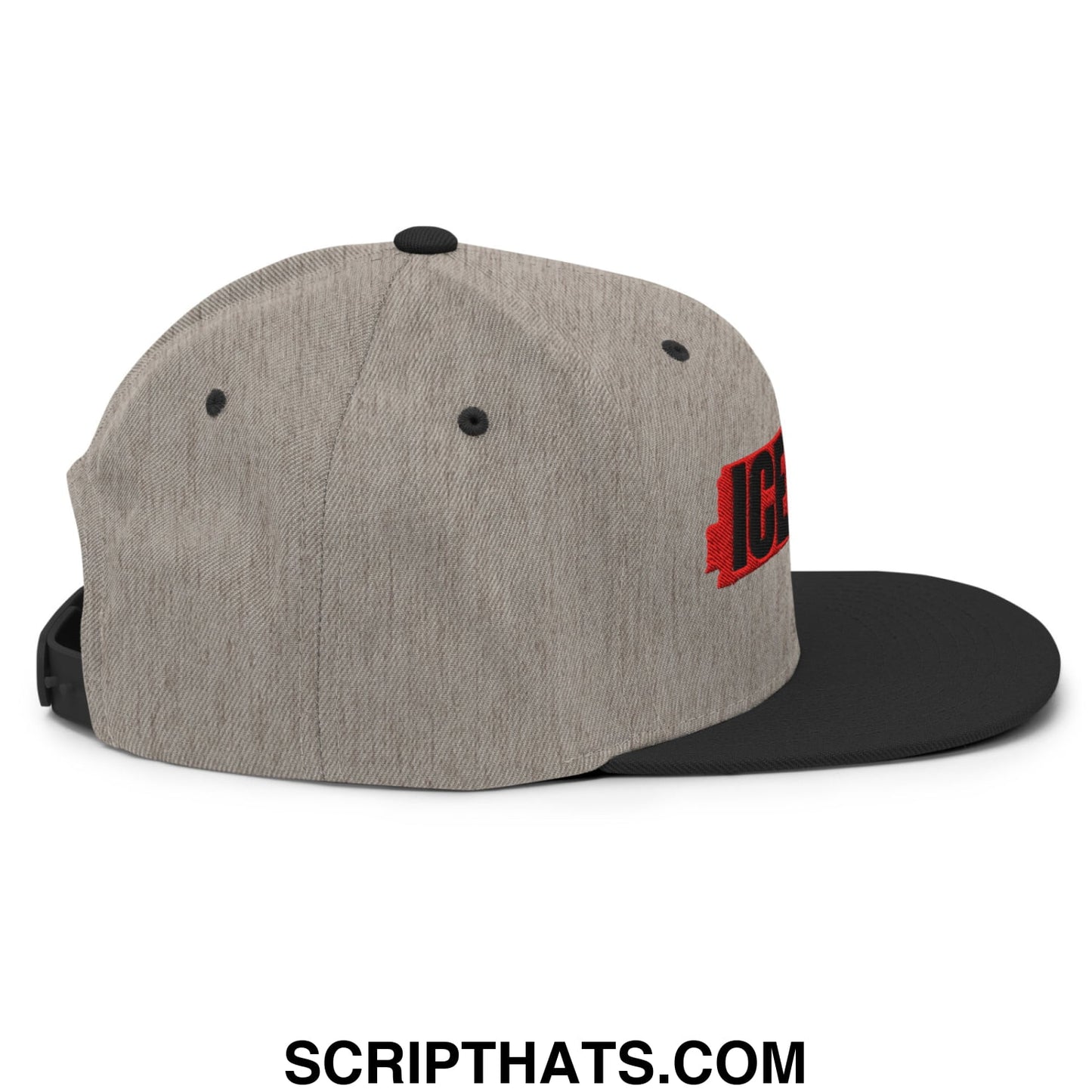 Gray and black snapback cap with red embroidered ice logo on the side featuring a flat bill brim design