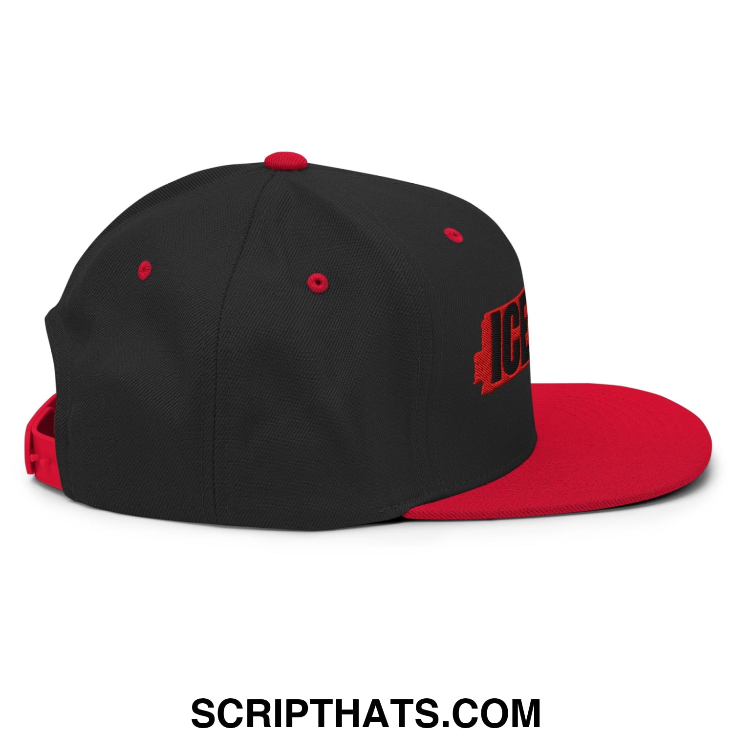 Black and red snapback hat with embroidered ice logo on the side featuring a flat bill brim design