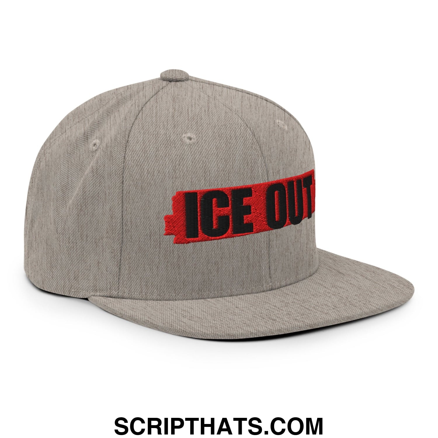 Gray snapback hat with ice out embroidered in bold black on a red rectangular patch flat bill brim design