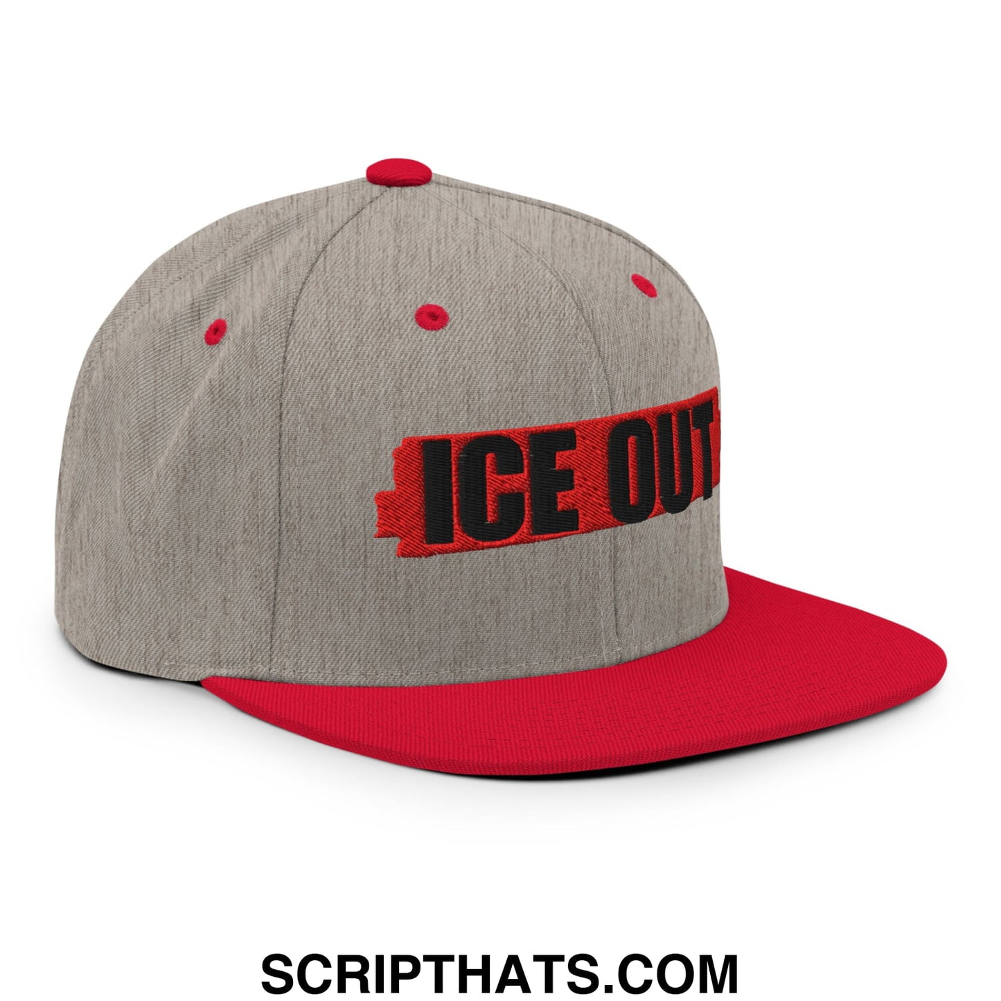 Gray and red snapback hat with ice out embroidered in black on red flat bill brim for casual wear