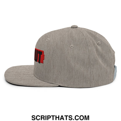 Gray ice out embroidered flat bill brim snapback hat with red and black out logo on the side
