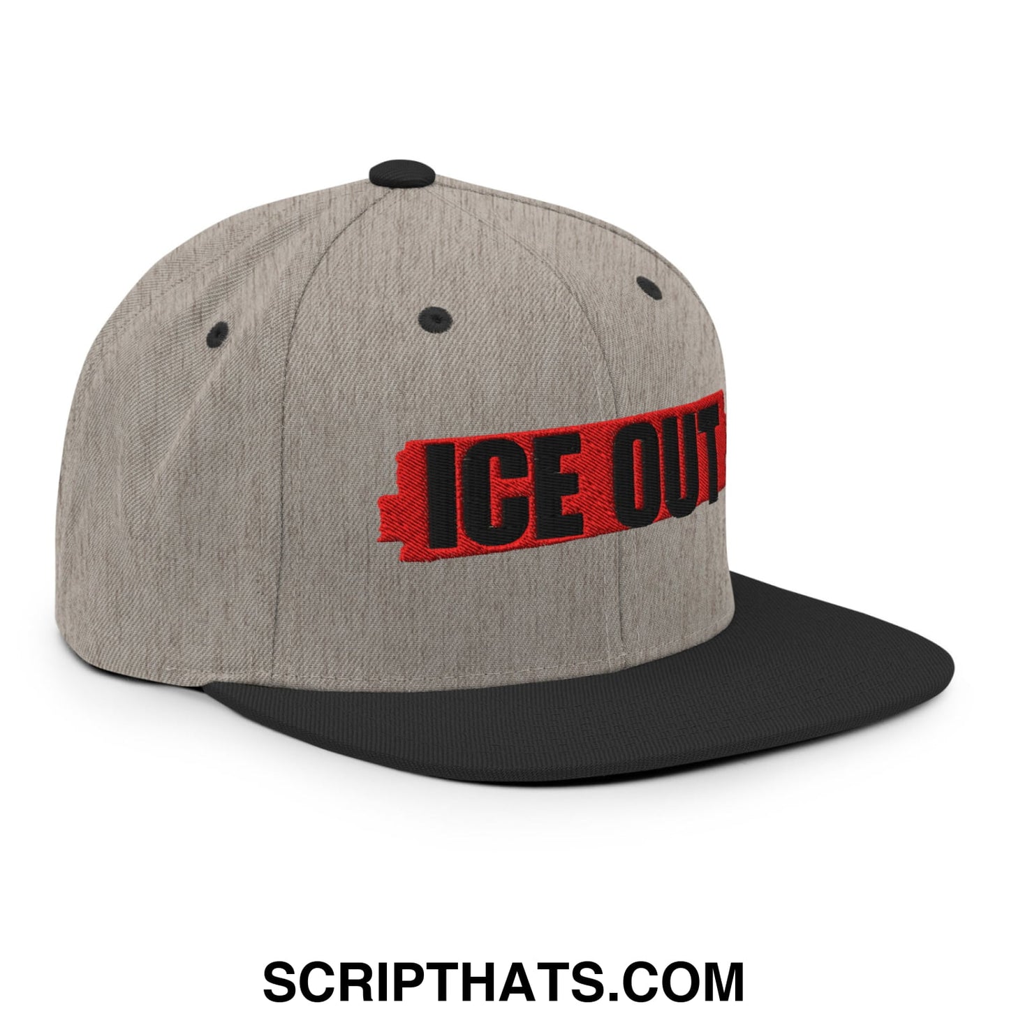 Gray and black snapback hat with ice out embroidered in bold red and black letters on flat bill brim