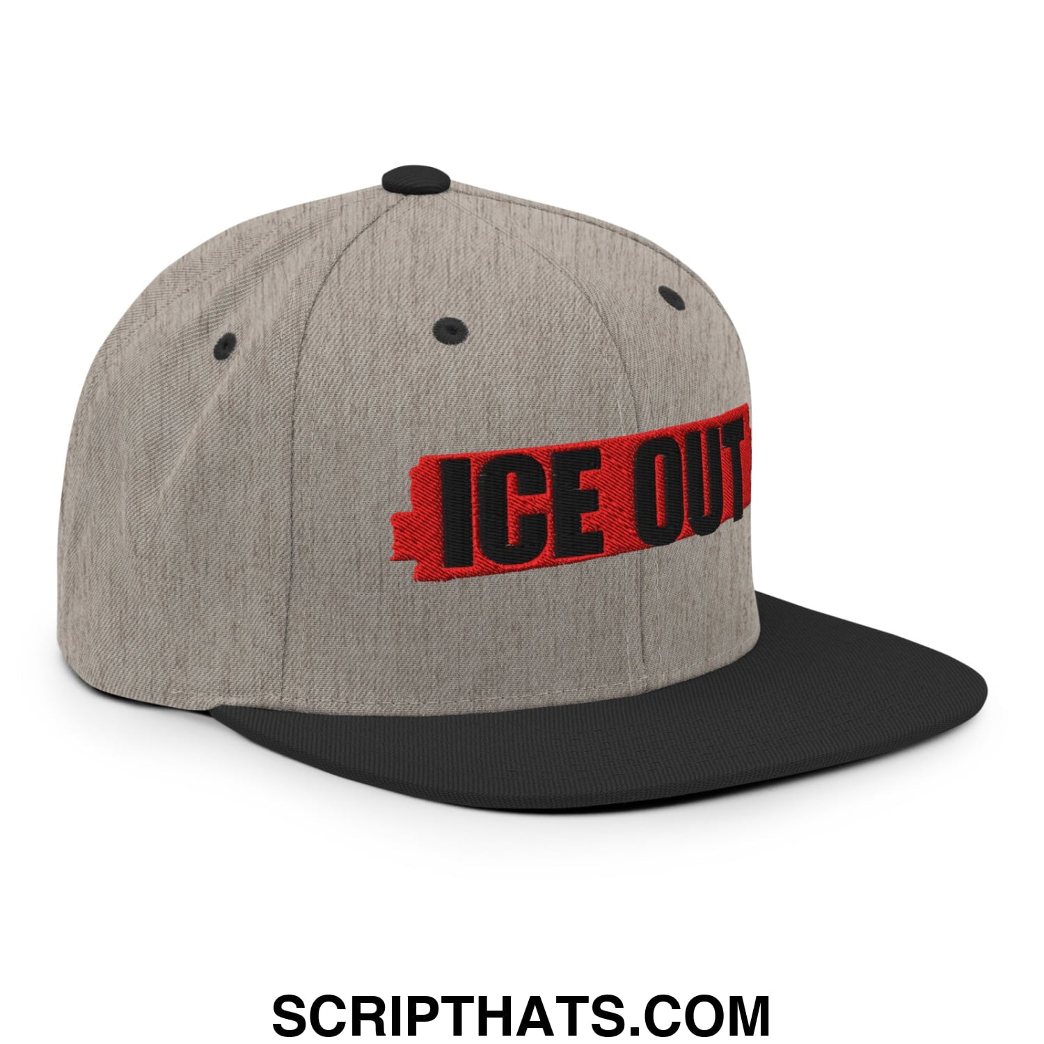 Gray and black snapback hat with ice out embroidered in bold red and black letters on flat bill brim