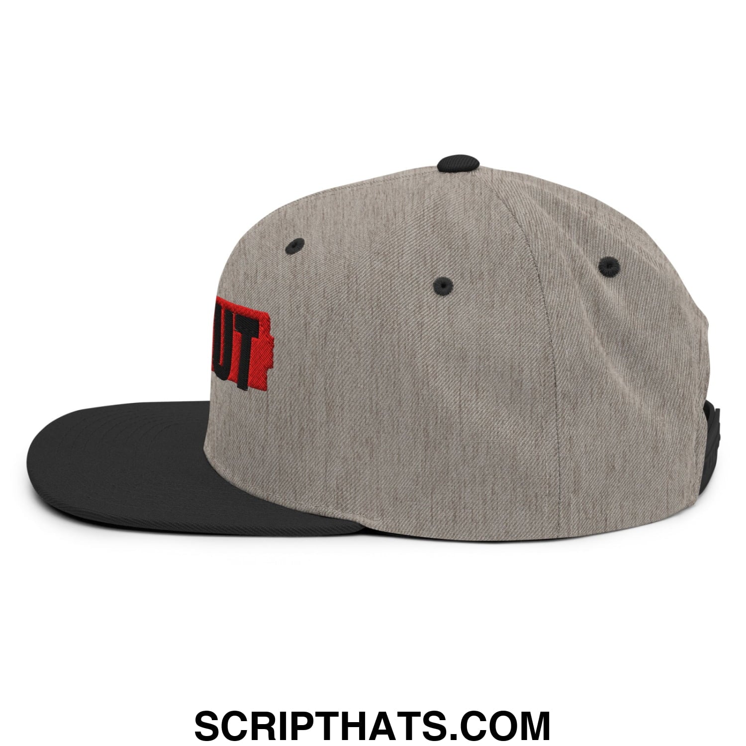 Gray and black ice out embroidered flat bill snapback hat with red embroidered lettering on the side