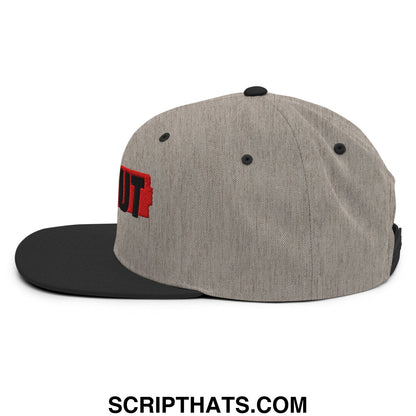 Gray and black ice out embroidered flat bill snapback hat with red embroidered lettering on the side