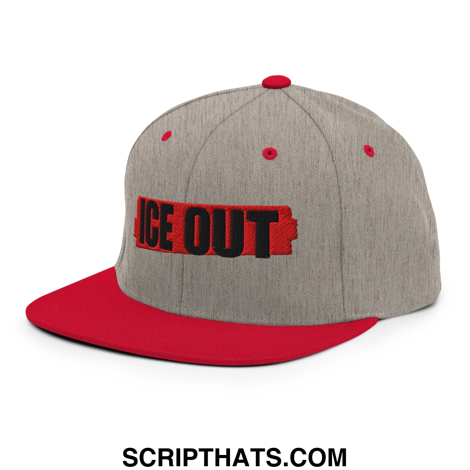 Gray and red ice out embroidered flat bill brim snapback hat with black embroidery on red tape design