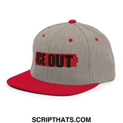 Gray and red ice out embroidered flat bill brim snapback hat with black embroidery on red tape design