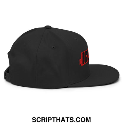 Black snapback hat with flat bill brim and red embroidered ice logo on the side for casual wear
