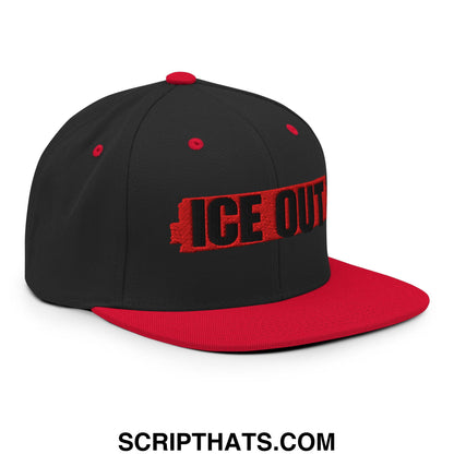 Black and red ice out embroidered flat bill brim snapback hat with bold black letters outlined in red