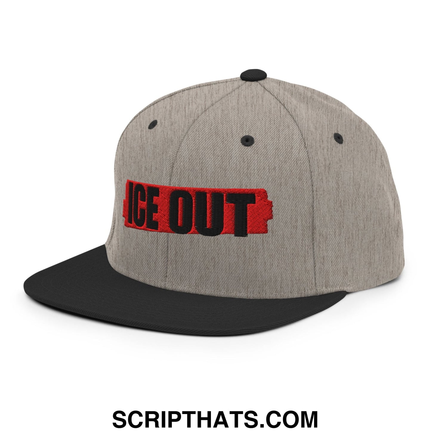 Gray and black snapback hat with ice out embroidered in bold red and black letters on a flat bill brim
