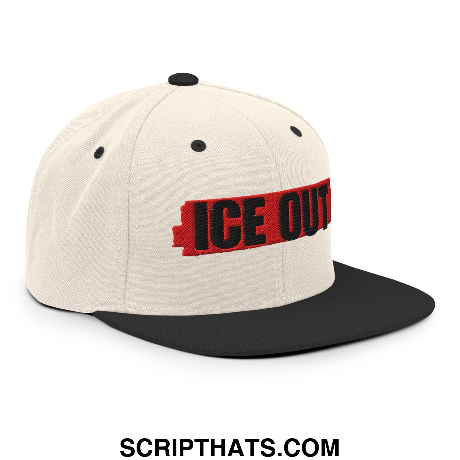 Cream-colored snapback hat with black flat bill brim and bold red and black ice out embroidered logo