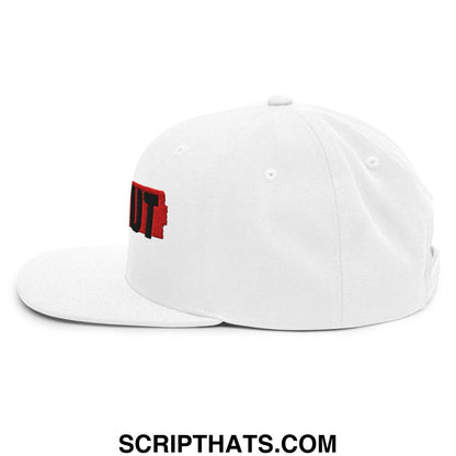 White snapback cap with bold red and black embroidered lettering on the side ice out flat bill brim design