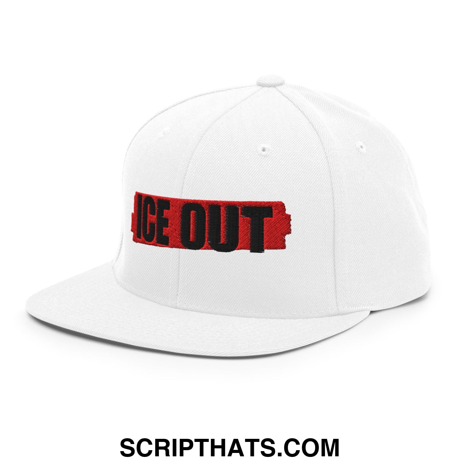 White snapback cap with ice out embroidered in bold black letters on a red tape-like background flat bill brim hat