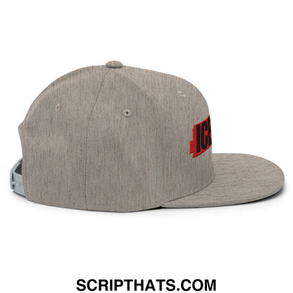 Gray heathered snapback cap with red embroidered ice logo on the side flat bill brim style