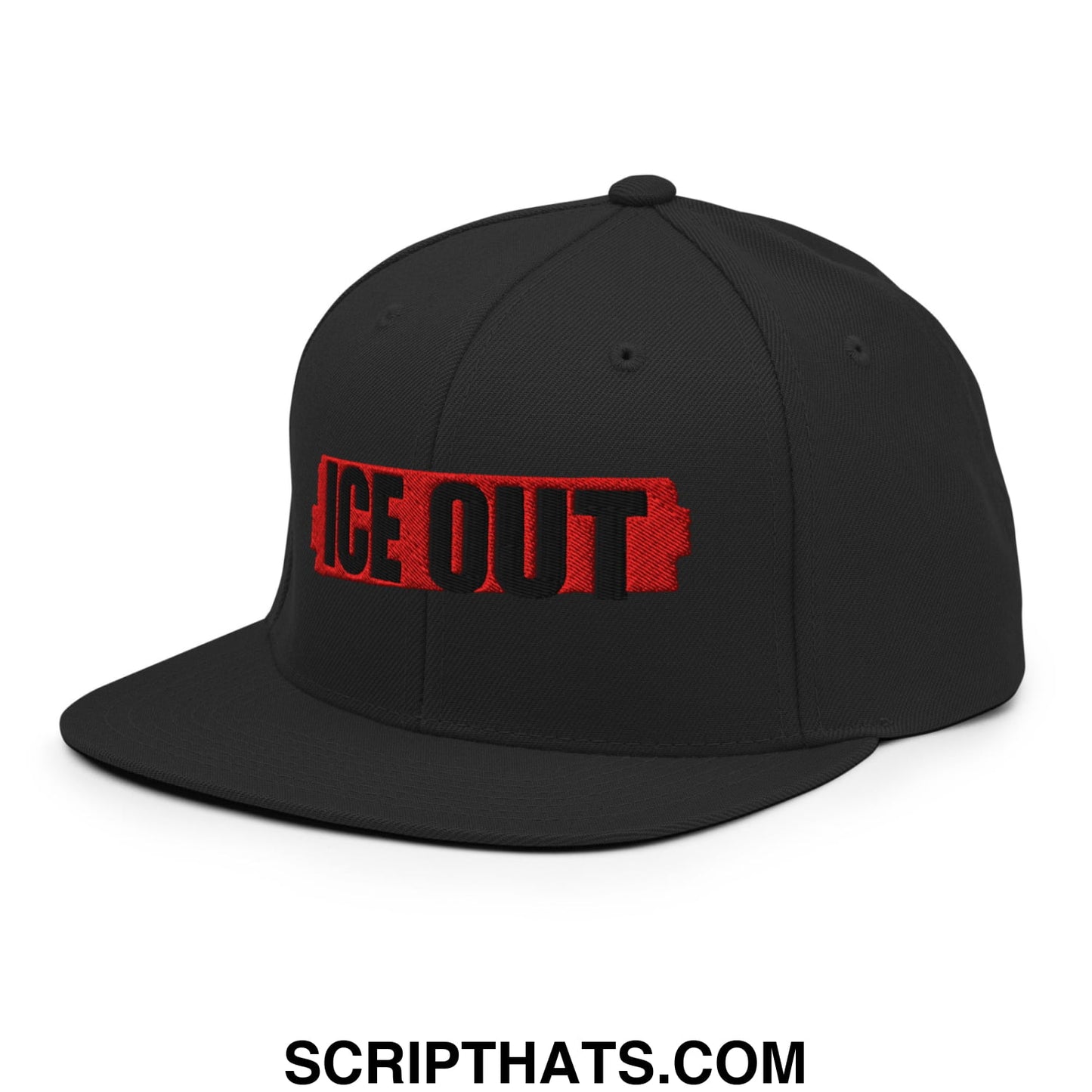 Black snapback cap with bold red and black embroidered ice out logo flat bill brim style