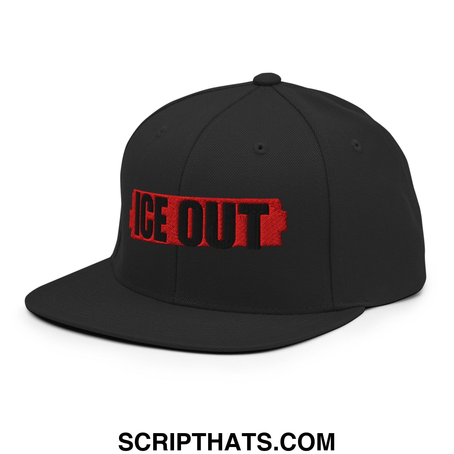 Black snapback cap with bold red and black embroidered ice out logo flat bill brim style