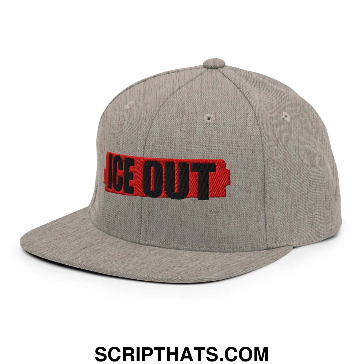 Gray snapback cap with ice out embroidered on a red patch featuring a flat bill brim for casual wear