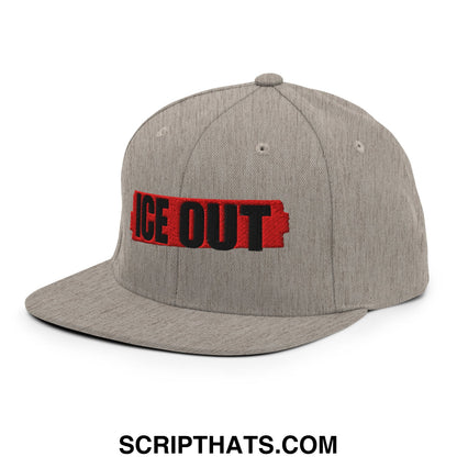 Gray snapback cap with ice out embroidered on a red patch featuring a flat bill brim for casual wear