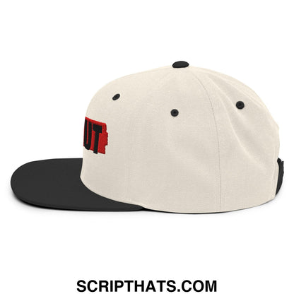 Off-white snapback cap with black flat bill brim and bold red embroidered lettering on the side ice out hat