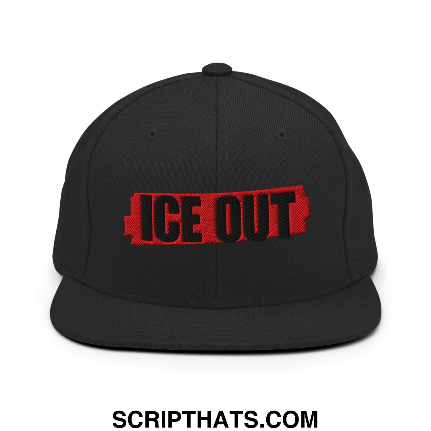 Black snapback hat with flat bill brim and bold red and black embroidered ice out logo