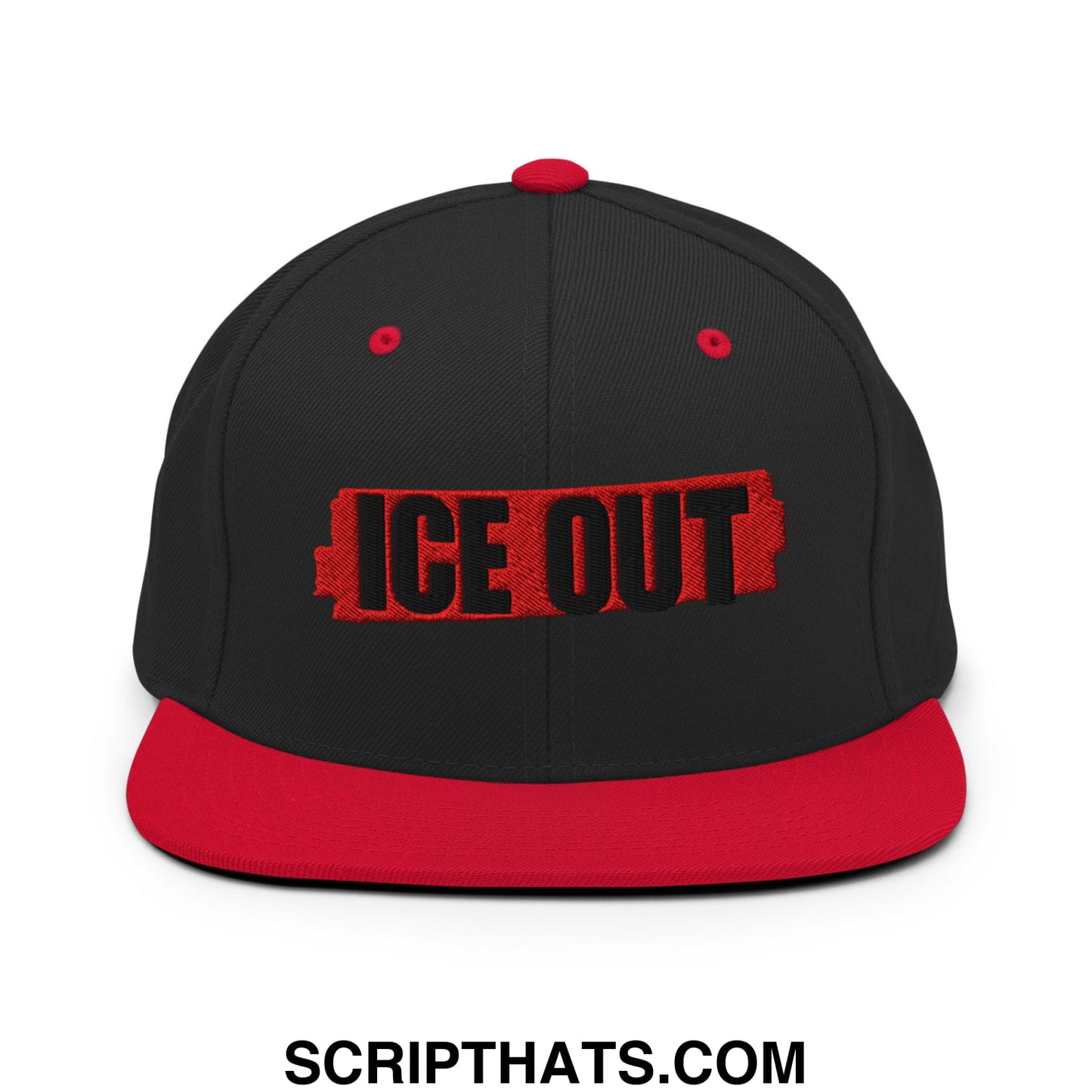 Black and red ice out embroidered flat bill brim snapback hat with bold black letters on a red rectangular patch