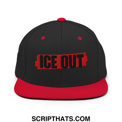 Black and red ice out embroidered flat bill brim snapback hat with bold black letters on a red rectangular patch